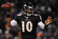 BALTIMORE - DECEMBER 20:  Troy Smith #10 of the Baltimore Ravens passes during the game against the Chicago Bears at M&T Bank Stadium on December 20, 2009 in Baltimore, Maryland. The Ravens defeated the Bears 31-7. (Photo by Larry French/Getty Images)