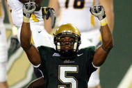 TAMPA, FL - SEPTEMBER 28: Safety Nate Allen #5 of the University of South Florida Bulls celebrates his fumble recovery against the West Virginia Mountaineers at Raymond James Stadium September 28, 2007 in Tampa Florida. (Photo by Marc Serota/Getty Images)