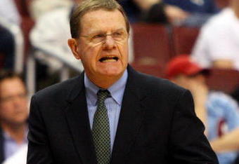 PHILADELPHIA - MARCH 19:  Associate Head Coach George Blaney of the Connecticut Huskies reacts during the game against the Chattanooga Mocs during the first round of the NCAA Division I Men's Basketball Tournament at the Wachovia Center on March 19, 2009 in Philadelphia, Pennsylvania.  (Photo by Jim McIsaac/Getty Images)