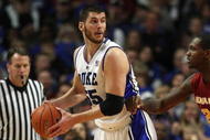 CHICAGO - JANUARY 06: Brian Zoubek #55 of the Duke Blue Devils looks to pass as LaRon Dendy #22 of the Iowa State Cyclones defends at the United Center on January 6, 2010 in Chicago, Illinois. Duke defeated Iowa State 86-65. (Photo by Jonathan Daniel/Getty Images)