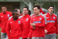 ST ALBANS, ENGLAND - NOVEMBER 10:  John Terry (R) captain of England and Jermaine Defoe walk out for an England Training session at London Colney on November 10, 2009 in St Albans, England.  (Photo by Phil Cole/Getty Images)