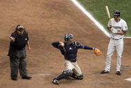 MILWAUKEE - SEPTEMBER 29: Corey Hart #1 of the Milwaukee Brewers stands as umpire Bruce Froemming makes the call against the San Diego Padres on September 29, 2007 at Miller Park in Milwaukee, Wisconsin. The Brewers defeated the Padres 4-3 in 11 innings. (Photo by Jonathan Daniel/Getty Images)