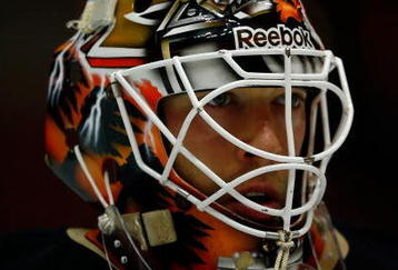 ANAHEIM, CA - SEPTEMBER 17:  Jean-Sebastien Giguere #35 of the Anaheim Ducks looks on prior to the preseason game against the Vancouver Canucks at the Honda Center on September 17, 2009 in Anaheim, California.  (Photo by Jeff Gross/Getty Images)