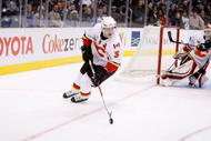 LOS ANGELES, CA - DECEMBER 07:  Dion Phaneuf #3 of the Calgary Flames skates against the Los Angeles Kings at Staples Center on December 7, 2009 in Los Angeles, California.  (Photo by Jeff Gross/Getty Images)