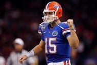 NEW ORLEANS - JANUARY 01: Tim Tebow #15 of the Florida Gators reacts after a touchdown against the Cincinnati Bearcats during the Allstate Sugar Bowl at the Louisana Superdome on January 1, 2010 in New Orleans, Louisiana. (Photo by Chris Graythen/Getty Images)