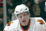 EAST RUTHERFORD, NJ - DECEMBER 7:  (L-R) Dion Phaneuf #3 and Jarome Iginla #12 of the Calgary Flames celebrate Phaneuf's goal at 28 seconds of the second period against the New Jersey Devils on December 7, 2005 at the Continental Airlines Arena in East Rutherford, New Jersey.  (Photo by Bruce Bennett/Getty Images)