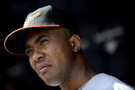 NEW YORK - SEPTEMBER 13: Melvin Mora #6 of the Baltimore Orioles stands in the dugout in a game against the New York Yankees at Yankee Stadium on September 13, 2009 in the Bronx borough of New York City. (Photo by Jeff Zelevansky/Getty Images)