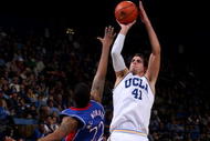 WESTWOOD, CA - DECEMBER 06: Nikola Dragovic #41 of the UCLA Bruins shoots over Marcus Morris #22 of the Kansas Jayhawks on December 6, 2009 at Pauley Pavillion in Westwood, California. Kansas won 73-61. (Photo by Stephen Dunn/Getty Images)