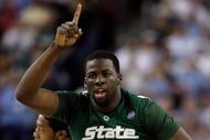 DETROIT - APRIL 06:  Draymond Green #23 of the Michigan State Spartans reacts in the first half against the North Carolina Tar Heels during the 2009 NCAA Division I Men's Basketball National Championship game at Ford Field on April 6, 2009 in Detroit, Michigan.  (Photo by Andy Lyons/Getty Images)