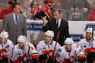 GLENDALE, AZ - JANUARY 28:  Head coach Brent Sutter of the Calgary Flames directs his team during the NHL game against the Phoenix Coyotes at Jobing.com Arena on January 28, 2010 in Glendale, Arizona. The Coyotes defeated the Flames 3-2 in an overtime shootout.  (Photo by Christian Petersen/Getty Images)
