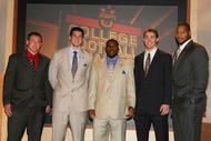 LAKE BUENA VISTA, FL - DECEMBER 10: (L to R) Heisman Trophy finalists Toby Gerhart of Stanford, Tim Tebow of Florida, Mark Ingram of Alabama, Colt McCoy and Ndamukong Suh of Nebraska pose after the Home Depot ESPNU College Football Awards at the Disney Boardwalk on December 10, 2009 in Lake Buena Vista, Florida.  (Photo by Doug Benc/Getty Images)