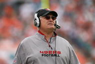 MIAMI - DECEMBER 14: Offensive coordinator Mike Martz of the San Francisco 49ers watches as his team takes on the Miami Dolphins at Dolphin Stadium on December 14, 2008 in Miami, Florida. The Dolphins defeated the 49ers 14-9. (Photo by Doug Benc/Getty Images)