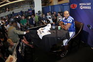 MIAMI GARDENS, FL - FEBRUARY 02: Dwight Freeney #93 of the Indianapolis Colts speaks to members of the media during Super Bowl XLIV Media Day at Sun Life Stadium on February 2, 2010 in Miami Gardens, Florida. (Photo by Doug Benc/Getty Images)