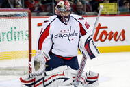MONTREAL- NOVEMBER 28: Jose Theodore #60 of the Washington Capitals gets down to stop the puck during the warm up period prior to facing the Montreal Canadiens in the NHL game on November 28, 2009 at the Bell Centre in Montreal, Quebec, Canada. The Capitals defeated the Canadiens 4-3 in a shootout. (Photo by Richard Wolowicz/Getty Images)
