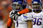 GLENDALE, AZ - JANUARY 04:  Kyle Wilson #1 of the Boise State Broncos reacts after sacking quarterback Andy Dalton #14 of the TCU Horned Frogs for a 10-yard loss in the first quarter during the Tostitos Fiesta Bowl at the Universtity of Phoenix Stadium on January 4, 2010 in Glendale, Arizona.  (Photo by Jamie Squire/Getty Images)