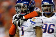 GLENDALE, AZ - JANUARY 04:  Kyle Wilson #1 of the Boise State Broncos reacts after sacking quarterback Andy Dalton #14 of the TCU Horned Frogs for a 10-yard loss in the first quarter during the Tostitos Fiesta Bowl at the Universtity of Phoenix Stadium on January 4, 2010 in Glendale, Arizona.  (Photo by Jamie Squire/Getty Images)