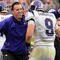 TAMPA, FL - JANUARY 1: Coach Pat Fitzgerald of the Northwestern Wildcats celebrates a touchdown catch by split back Drake Dunsmore #9 against the Auburn Tigers in the Outback Bowl January 1, 2010 at Raymond James Stadium in Tampa, Florida.  (Photo by Al Messerschmidt/Getty Images) 