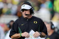 PASADENA, CA - JANUARY 01: Head coach Chip Kelly of the Oregon Ducks stands on the sidelines during the game against the Ohio State Buckeyes at the 96th Rose Bowl game on January 1, 2010 in Pasadena, California. (Photo by Kevork Djansezian/Getty Images)