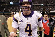 NEW ORLEANS - JANUARY 24:  Brett Favre #4 of the Minnesota Vikings walks off the field after the Vikings lost to the New Orleans Saints 31-28 in overtime during the NFC Championship Game at the Louisiana Superdome on January 24, 2010 in New Orleans, Louisiana.  (Photo by Jed Jacobsohn/Getty Images)