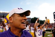 ATHENS, GA - OCTOBER 03: Head coach Les Miles of the Louisiana State University Tigers celebrates after their 20-13 win over the Georgia Bulldogs at Sanford Stadium on October 3, 2009 in Athens, Georgia. (Photo by Kevin C. Cox/Getty Images)