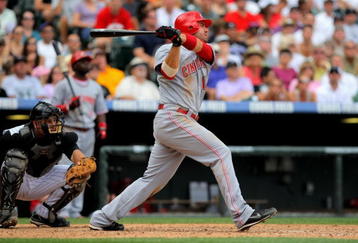 DENVER - SEPTEMBER 07:  Joey Votto #19 of the Cincinnati Reds takes an at bat against the Colorado Rockies at Coors Field on September 7, 2009 in Denver, Colorado. The Rockies defeated the Reds 4-3.  (Photo by Doug Pensinger/Getty Images)