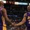 BOSTON - JANUARY 31:  Kobe Bryant  #24 the Los Angeles Lakers shakes hands with teammate Lamar Odom after Odom was fouled during a game against the Boston Celtics at the TD Garden on January 31, 2010 in Boston, Massachusetts.  The Lakers won 90-89. NOTE TO USER: User expressly acknowledges and agrees that, by downloading and or using this photograph, User is consenting to the terms and conditions of the Getty Images License Agreement. (Photo by Jim Rogash /Getty Images)