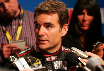DAYTONA BEACH, FL - FEBRUARY 04:  Jeff Gordon, driver of the #24 Dupont Chevrolet, is interviewed during NASCAR media day at Daytona International Speedway on February 4, 2010 in Daytona Beach, Florida.  (Photo by Todd Warshaw/Getty Images for NASCAR)