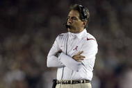 PASADENA, CA - JANUARY 07: Head Coach Nick Saban of the Alabama Crimson Tide reacts during the Citi BCS National Championship game against the Texas Longhorns at the Rose Bowl on January 7, 2010 in Pasadena, California. (Photo by Stephen Dunn/Getty Images)