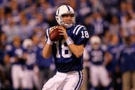 INDIANAPOLIS - JANUARY 24: Quarterback Peyton Manning #18 of the Indianapolis Colts looks to pass while playing against the New York Jets during the AFC Championship Game at Lucas Oil Stadium on January 24, 2010 in Indianapolis, Indiana. The Colts defeated the Jets 30-17. (Photo by Jonathan Daniel/Getty Images)