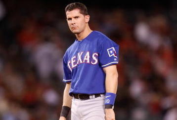 ANAHEIM, CA - SEPTEMBER 29:  Michael Young #10 of the Texas Rangers stands at second base against the Los Angeles Angels of Anaheim at Angel Stadium on September 29, 2009 in Anaheim, California.  (Photo by Jeff Gross/Getty Images)