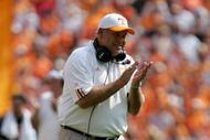 KNOXVILLE, TN - OCTOBER 01:  Head coach Phillip Fulmer of the Tennessee Volunteers leads his team against the Mississippi Rebels as the Volunteers defeated the Rebels 27-10 at Neyland Stadium on October 1, 2005 in Knoxville, Tennessee.  (Photo by Doug Pensinger/Getty Images)