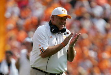 KNOXVILLE, TN - OCTOBER 01:  Head coach Phillip Fulmer of the Tennessee Volunteers leads his team against the Mississippi Rebels as the Volunteers defeated the Rebels 27-10 at Neyland Stadium on October 1, 2005 in Knoxville, Tennessee.  (Photo by Doug Pensinger/Getty Images)