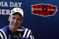 MIAMI GARDENS, FL - FEBRUARY 02:  Peyton Manning #18 of the Indianapolis Colts speaks to members of the media during Super Bowl XLIV Media Day at Sun Life Stadium on February 2, 2010 in Miami Gardens, Florida.  (Photo by Doug Benc/Getty Images)