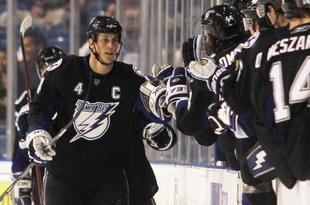 TAMPA, FL - JANUARY 27: Vincent Lecavalier #4 of the Tampa Bay Lightning celebrates his second period goal against the Montreal Canadiens at the St. Pete Times Forum on January 27, 2010 in Tampa, Florida. (Photo by Bruce Bennett/Getty Images)