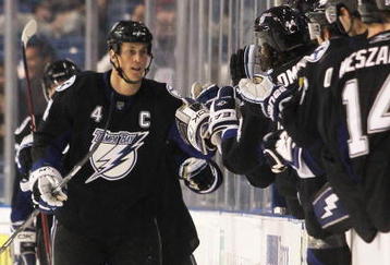 TAMPA, FL - JANUARY 27: Vincent Lecavalier #4 of the Tampa Bay Lightning celebrates his second period goal against the Montreal Canadiens at the St. Pete Times Forum on January 27, 2010 in Tampa, Florida.  (Photo by Bruce Bennett/Getty Images)