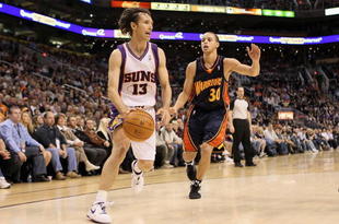 PHOENIX - JANUARY 23:  Steve Nash #13 of the Phoenix Suns in action during the NBA game against the Golden State Warriors at US Airways Center on January 23, 2010 in Phoenix, Arizona. The Suns defeated the Warriors 112-103.  NOTE TO USER: User expressly acknowledges and agrees that, by downloading and or using this photograph, User is consenting to the terms and conditions of the Getty Images License Agreement.  (Photo by Christian Petersen/Getty Images)