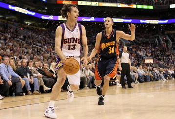 PHOENIX - JANUARY 23:  Steve Nash #13 of the Phoenix Suns in action during the NBA game against the Golden State Warriors at US Airways Center on January 23, 2010 in Phoenix, Arizona. The Suns defeated the Warriors 112-103.  NOTE TO USER: User expressly acknowledges and agrees that, by downloading and or using this photograph, User is consenting to the terms and conditions of the Getty Images License Agreement.  (Photo by Christian Petersen/Getty Images)