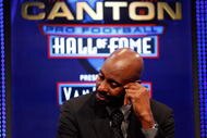 FORT LAUDERDALE, FL - FEBRUARY 06:  Jerry Rice is overcome with emotion for a moment after he was announced as one of the newest enshrinees into the Hall of Fameduring the Pro Football Hall of Fame Class of 2010 Press Conference held at the Greater Ft. Lauderdale/Broward County Convention Center as part of media week for Super Bowl XLIV on February 6, 2010 in Fort Lauderdale, Florida.  (Photo by Chris Graythen/Getty Images)