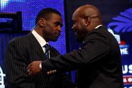 FORT LAUDERDALE, FL - FEBRUARY 06: Emmitt Smith (R) is congratulated by former teammate Michael Irvin after Smith was announced as one of the newest enhrinees into the Hall of Fame during the Pro Football Hall of Fame Class of 2010 Press Conference held at the Greater Ft. Lauderdale/Broward County Convention Center as part of media week for Super Bowl XLIV on February 6, 2010 in Fort Lauderdale, Florida. (Photo by Chris Graythen/Getty Images)