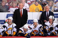 GLENDALE, AZ - JANUARY 18:  Head coach Lindy Ruff and Brian McCutcheon of the Buffalo Sabres watch from the bench during the NHL game against the Phoenix Coyotes at Jobing.com Arena on January 18, 2010 in Glendale, Arizona.  The Sabres defeated the Coyotes 7-2. (Photo by Christian Petersen/Getty Images)