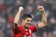 LIVERPOOL, ENGLAND - FEBRUARY 06: Steven Gerrard of Liverpool celebrates at the end of the Barclays Premier League match between Liverpool and Everton at Anfield on February 6, 2010 in Liverpool, England. (Photo by Hamish Blair/Getty Images)
