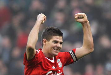 LIVERPOOL, ENGLAND - FEBRUARY 06:   Steven Gerrard of Liverpool celebrates at the end of the Barclays Premier League match between Liverpool and Everton at Anfield on February 6, 2010 in Liverpool, England. (Photo by Hamish Blair/Getty Images)