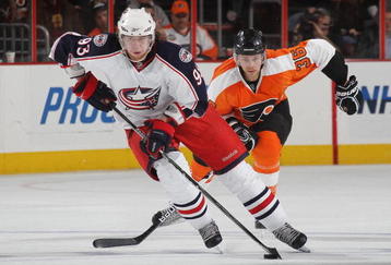 PHILADELPHIA - JANUARY 19: Jakub Voracek  #93 of the Columbus Blue Jackets skates against the Philadelphia Flyers at the Wachovia Center on January 19, 2010 in Philadelphia, Pennsylvania. (Photo by Bruce Bennett/Getty Images)