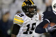 STATE COLLEGE, PA - SEPTEMBER 26:  Chaz Powell #2 of the Penn State Nittnay Lions runs for a first quarter touchdown past Amari Spievey #19 of the Iowa Hawkeye's on September 26, 2009 at Beaver Stadium in State College, Pennsylvania. (Photo by Gregory Shamus/Getty Images)