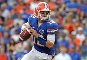 GAINESVILLE, FL - NOVEMBER 21: Quarterback John Brantley #12 of the Florida Gators looks to pass against the Florida International University Golden Panthers, November 21, 2009 at Ben Hill Griffin Stadium in Gainesville, Florida.  (Photo by Al Messerschmidt/Getty Images)