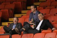 PITTSBURGH - MAY 10:  (L-R) President and C.O.O. of Comcast-Spectacor Peter Luukko, Assistant General Manager Barry Hanrahan and General Manager Paul Holmgren of the Philadelphia Flyers watch the off day skate of the NHL Eastern Conference Playoffs at the Mellon Arena May 10, 2008 in Pittsburgh, Pennsylvania.  (Photo by Bruce Bennett/Getty Images)