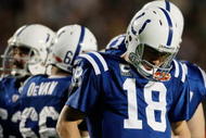 MIAMI GARDENS, FL - FEBRUARY 07: Peyton Manning #18 of the Indianapolis Colts reacts after a play against the New Orleans Saints during Super Bowl XLIV on February 7, 2010 at Sun Life Stadium in Miami Gardens, Florida. (Photo by Donald Miralle/Getty Images)