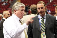 MONTREAL, QC - JUNE 26: President & General Manager Brian Burke (L) of the Toronto Maple Leafs talks with Genral Manager Joe Nieuwendyk of the Dallas Stars prior to the first round of the 2009 NHL Entry Draft at the Bell Centre on June 26, 2009 in Montreal, Quebec, Canada. (Photo by Bruce Bennett/Getty Images)