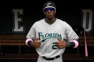 DENVER - MAY 10:  Cameron Maybin #24 of the Florida Marlins shows off his pink accessories in support of the 'Going To Bat Against Breast Cancer' promotion prior to facing the Colorado Rockies during MLB action at Coors Field on May 10, 2009 in Denver, Colorado.  (Photo by Doug Pensinger/Getty Images)