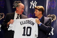 NEW YORK - JULY 20:  Army head coach Rich Ellerson and New York Yankees Managing General Partner Hal Steinbrenner pose for a photograph during a press conference announcing that Yankee Stadium will play host to the 2010 Notre Dame v Army college football game on July 19, 2009 at Yankee Stadium in the Bronx borough of New York City. The game is to be played on November 20, 2010.  (Photo by Jim McIsaac/Getty Images)